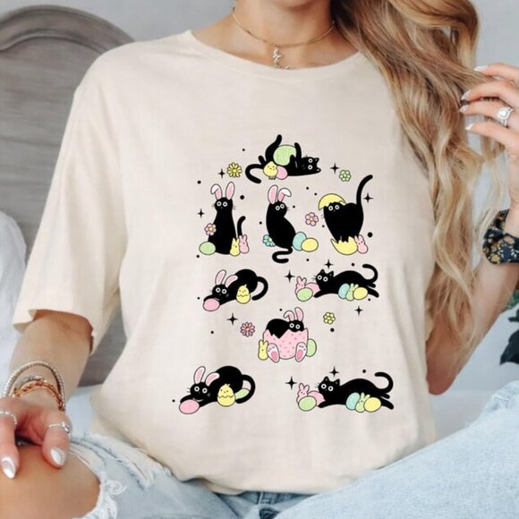 Tops - Cat Easter Shirt, Graphic Cute Cat Tee, Easter Shirt For Cat Lover
